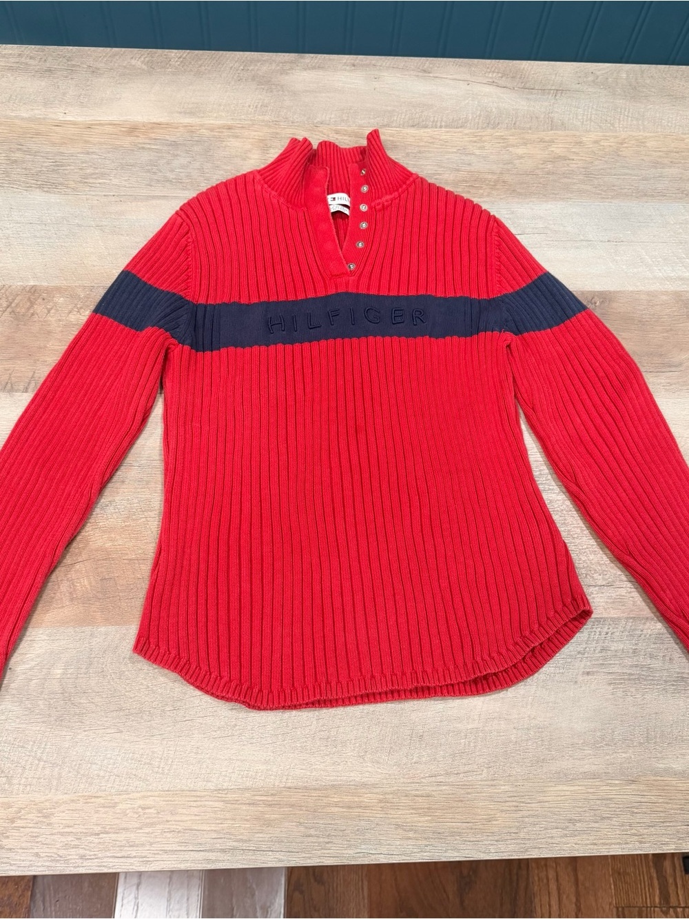 VTG Tommy Hilfiger Red Ribbed Half-Zip Sweater with Navy Chest Stripe Size L